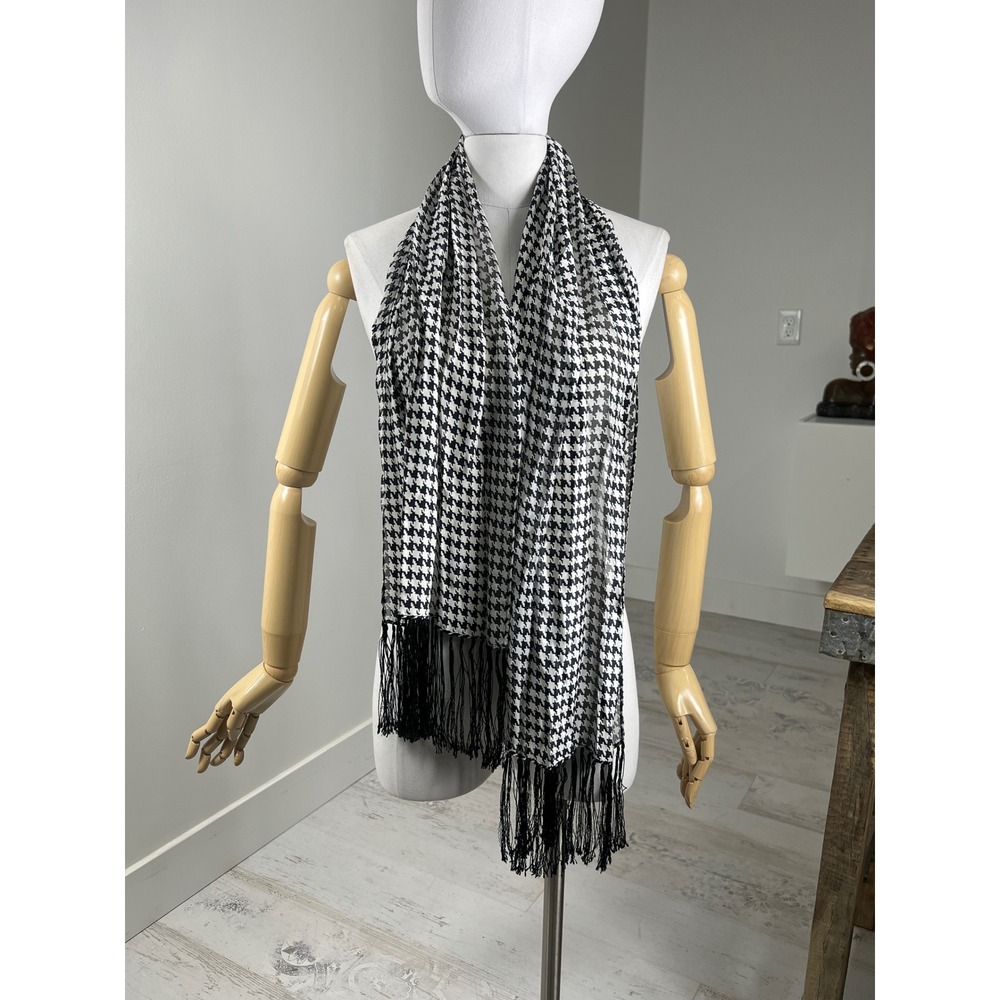 Silk Houndstooth Fringe Scarf 64" x 12.5" - Picture 6 of 6